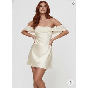 Princess Polly Adoration Off Shoulder Draped Satin Mini Dress Ivory Formal  10
